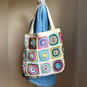 Boho Crochet Large Handmade Shoulder Bag with Inner Zipper Pocket